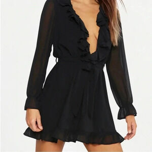 Boohoo black ruffle sheer skater mini dress
